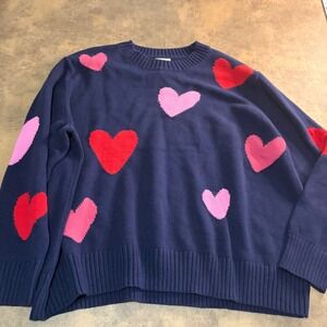 St. John's Bay Sweater Womens 3X Navy Blue Heart Print Knit Crewneck Long Sleeve